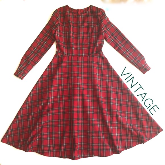 Vintage Dresses & Skirts - Vintage Christmas Red Plaid Long Sleeve Maxi Dress